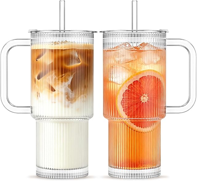 INSETLAN 26oz Gobelet en verre côtelé avec poignée & Couvercle – 2-Pack Grandes tasses de café glacé avec pailles, Tasse en verre moderne pour froid & Boissons chaudes, coupe de voyage esthétique pour smoothies, thé et jus