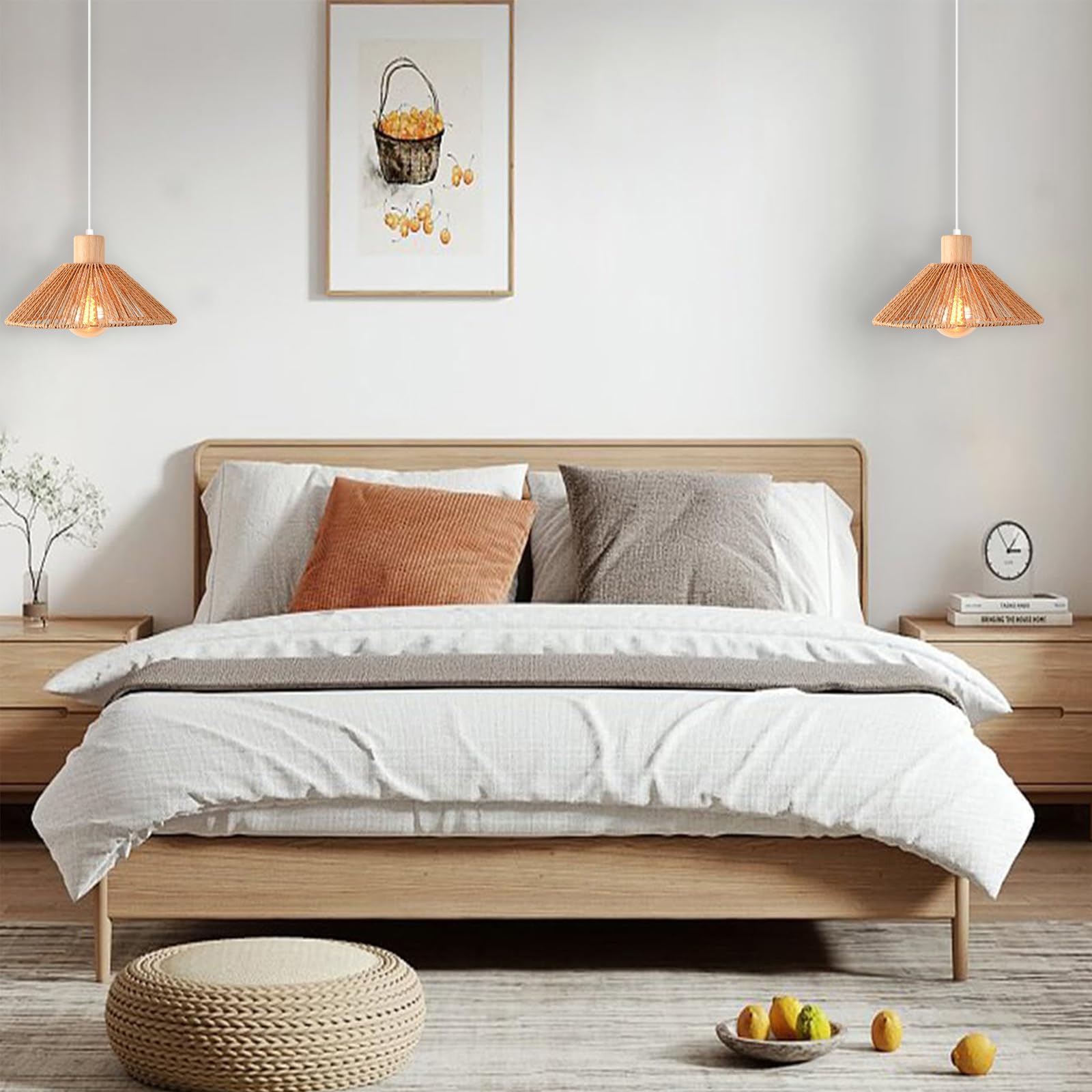 iDEGU Lot de 3 Suspensions Luminaires en Rotin et Bois Vintage Plafonnier Abat-jour Tissage Rétro Lustre Style Bohème E27 Lampe de Plafond pour Chambre Salon Cuisine Café Restaurant (26CM, Marron)