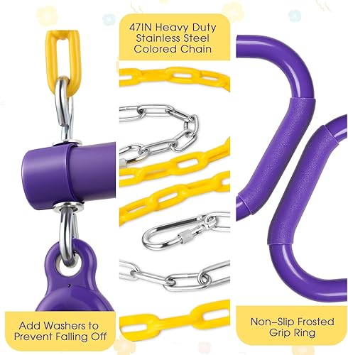 Miniatura 50 de LadyRosian Juego de anillos de barra de columpio de 17 pulgadas para gimnasio, trapecio, 47 pulgadas, accesorios con mosquetones de bloqueo, cadenas