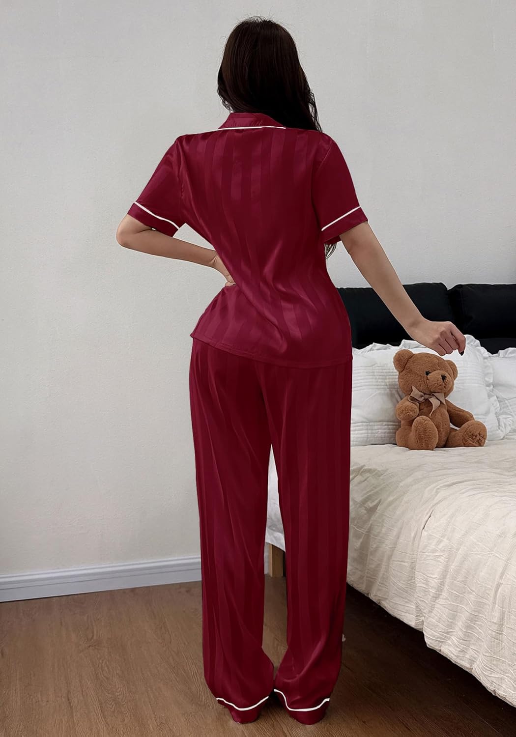 Womens Satin Pajamas Set Silk Pajamas for Women Set 2 Piece Striped Pjs Short Sleeves Button Down Loungewear - Image 6