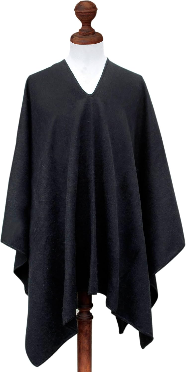 NOVICA Artisan Handmade Men's Alpaca Blend Poncho Peruvian for in Warm Wool Acrylic Clothing Black Solid ' Inca Explorer in Black'