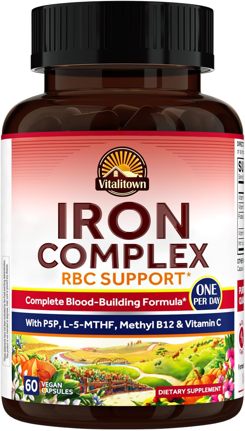 Vitalitown Iron Complex, Complete Blood Building Formula, Ferrous Bisglycinate, Active B6, Folate, B12, Red Blood Cell Support, Best Absorption, Once Daily, 60 Vegan Caps