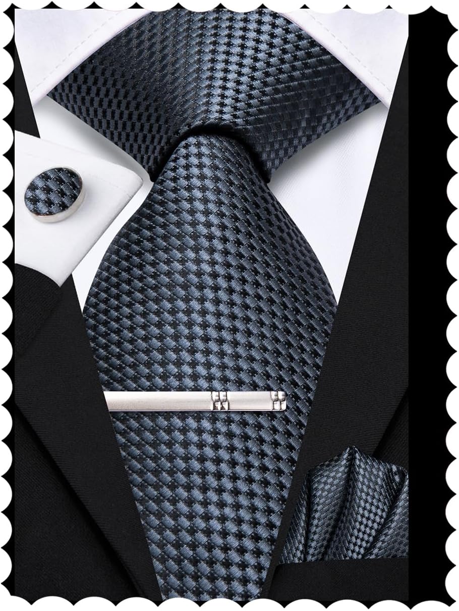 Hi-Tie Silk Ties for Men Pink Blue Black Mens Ties Set 4 PCS Necktie Pocket Square Cufflinks Clip Pin for Wedding