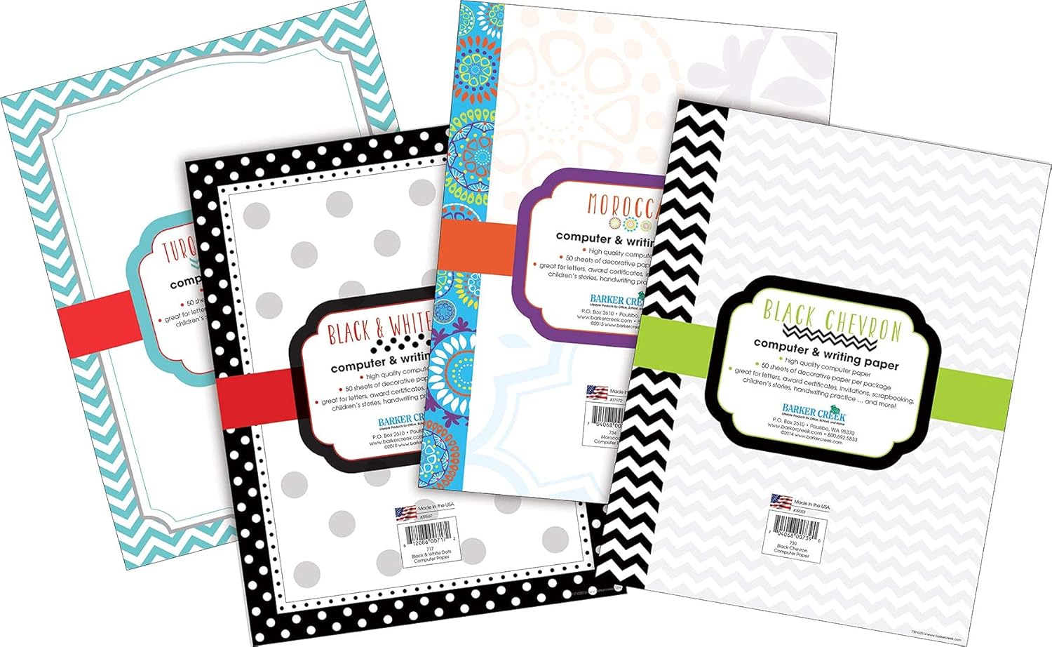 Barker Creek Designer Computer Paper Set, Chevron and Dots, 200 Sheets (50 Each of 4 Designs) of Decorative Printer Paper, Stationery in Set, 8.5” by 11”, Home, School and Office Supplies (756)