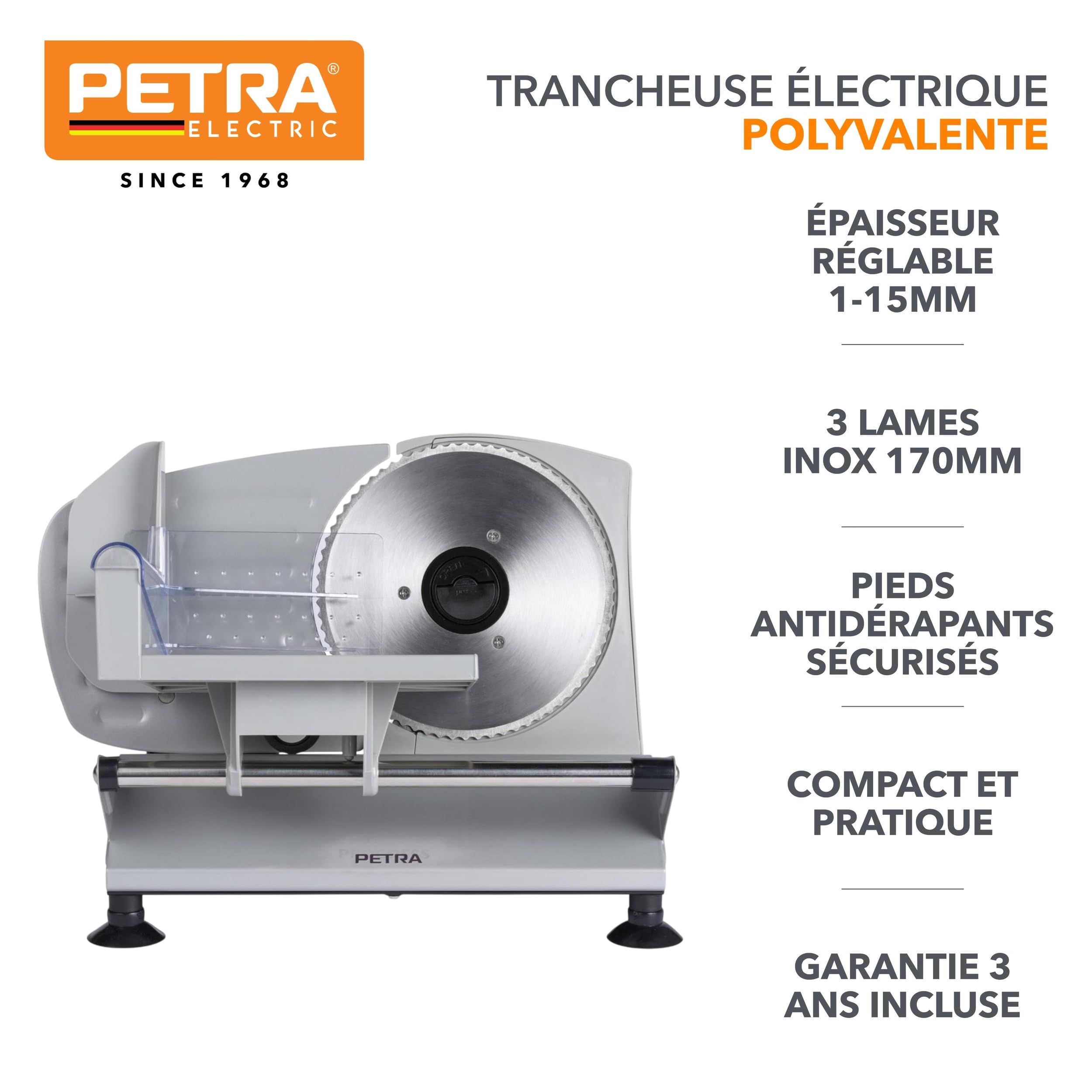 Petra Trancheuse électrique à viande fromage pain, épaisseur réglable 1-15 mm, 3 lames acier inoxydable 170 mm