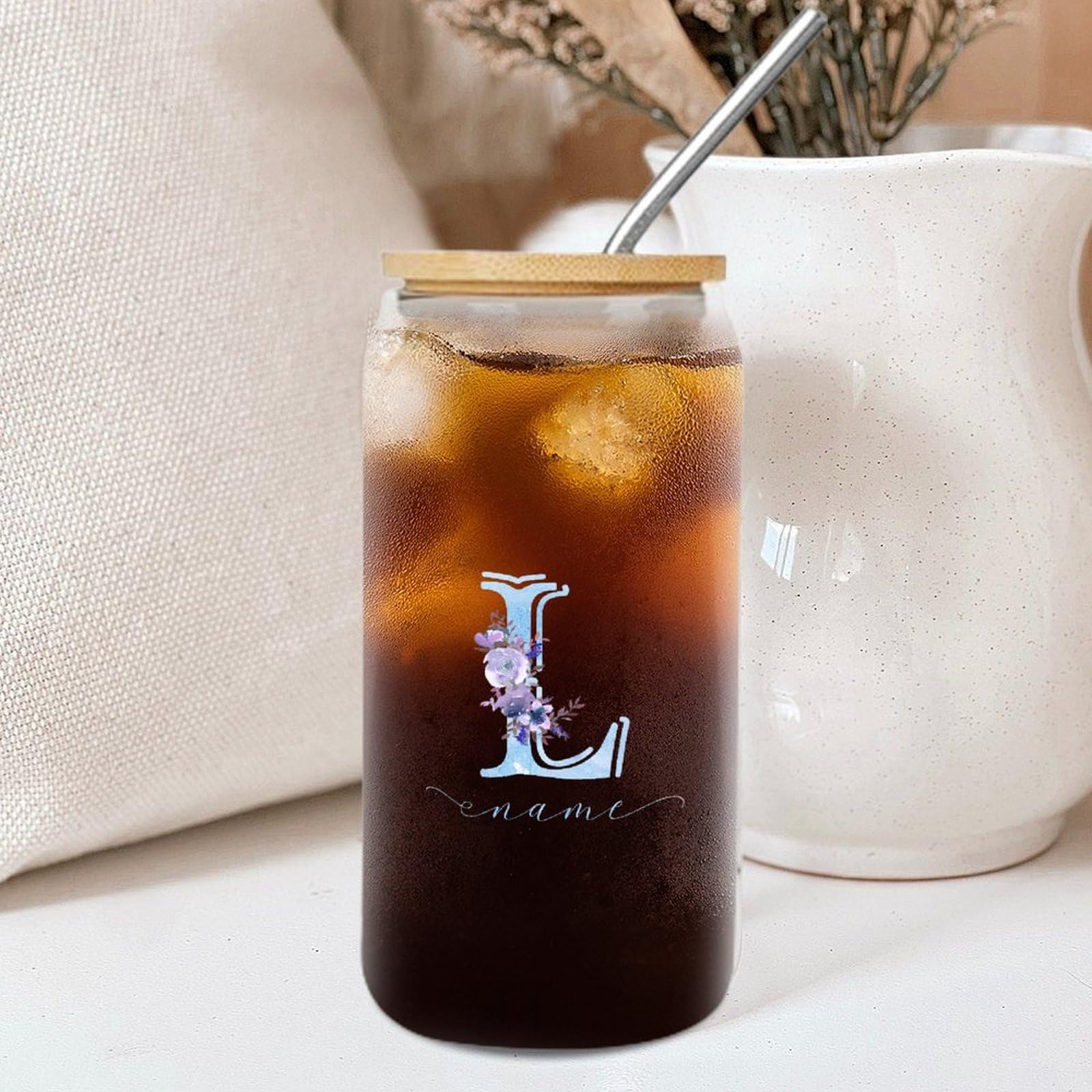 Yelolyio Glass Tumbler with Straw and Lid Monogram Letter L Glass Cup Watercolor Blue Letter Purple Flower Cup Name Initial Cups Great for for Tea Whiskey Water 16 OZ