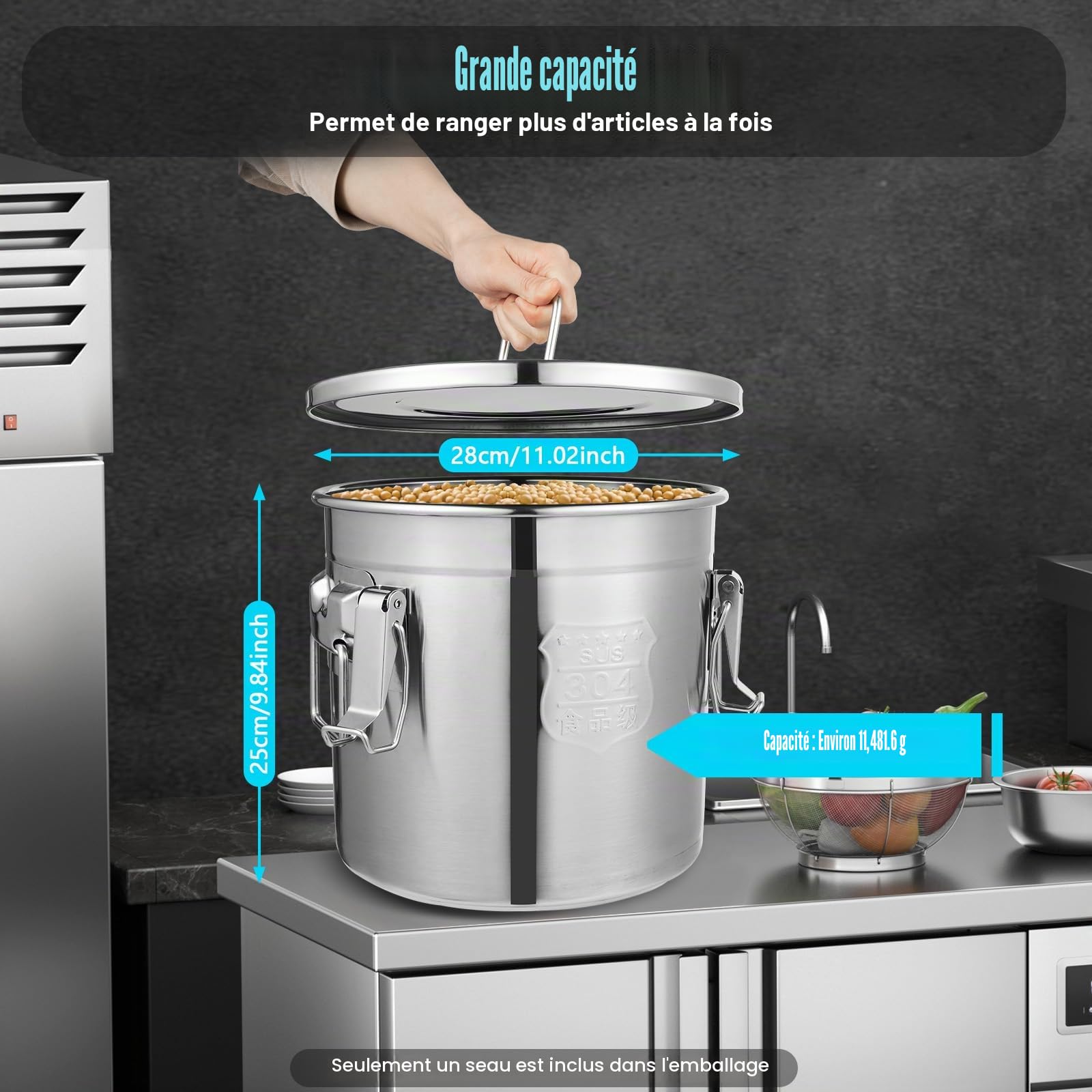 Récipient à céréales en acier inoxydable - Bidon hermétique pour aliments - Pour la cuisine, le riz, l'huile - Avec couvercle - Bidon hermétique en acier inoxydable (12 l)