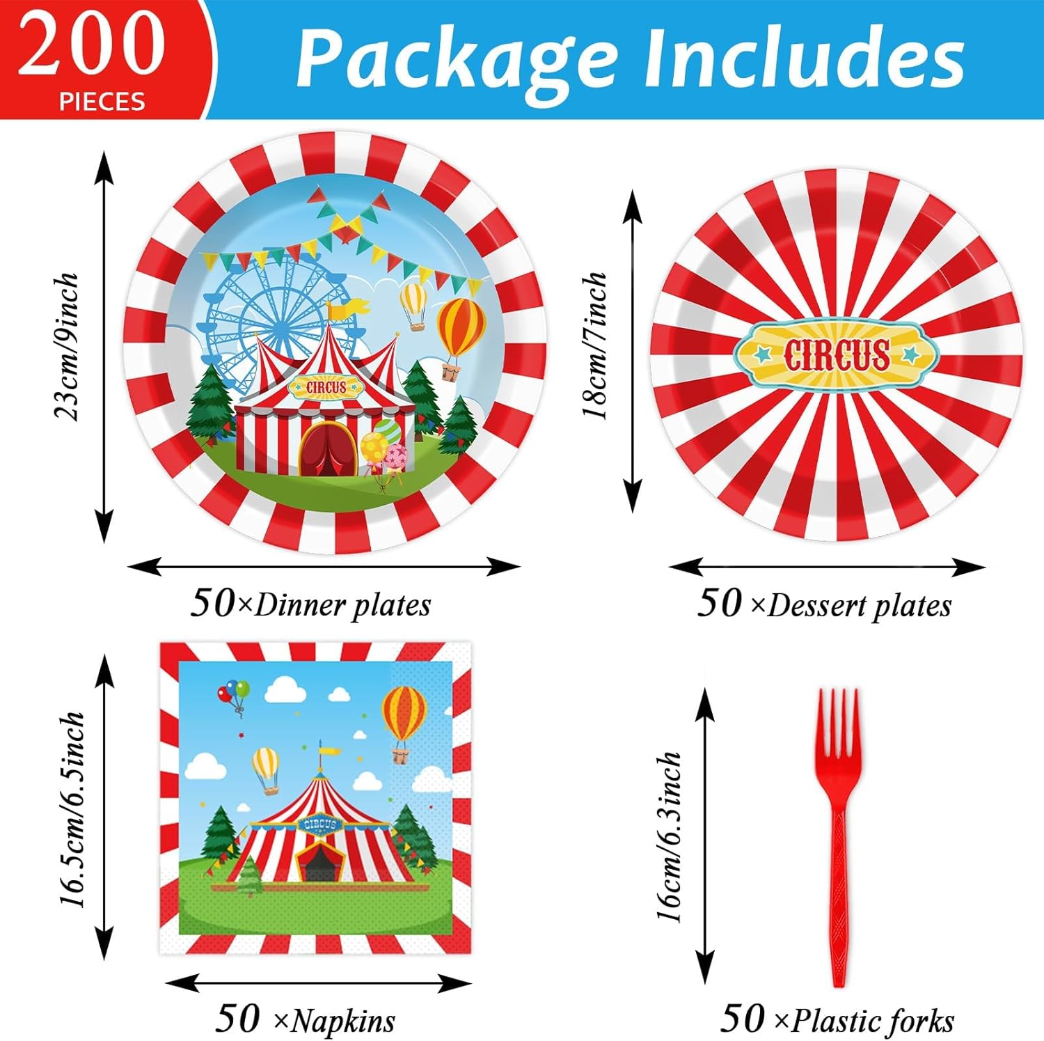 200pcs Circus Party Plates Napkins Forks Carnival Themed Party Tableware Set Red White Party Disposable Paper Dessert Cake Dinnerware Boy Girl Happy Birthday Party Baby Shower Decor Supplies Serves 50