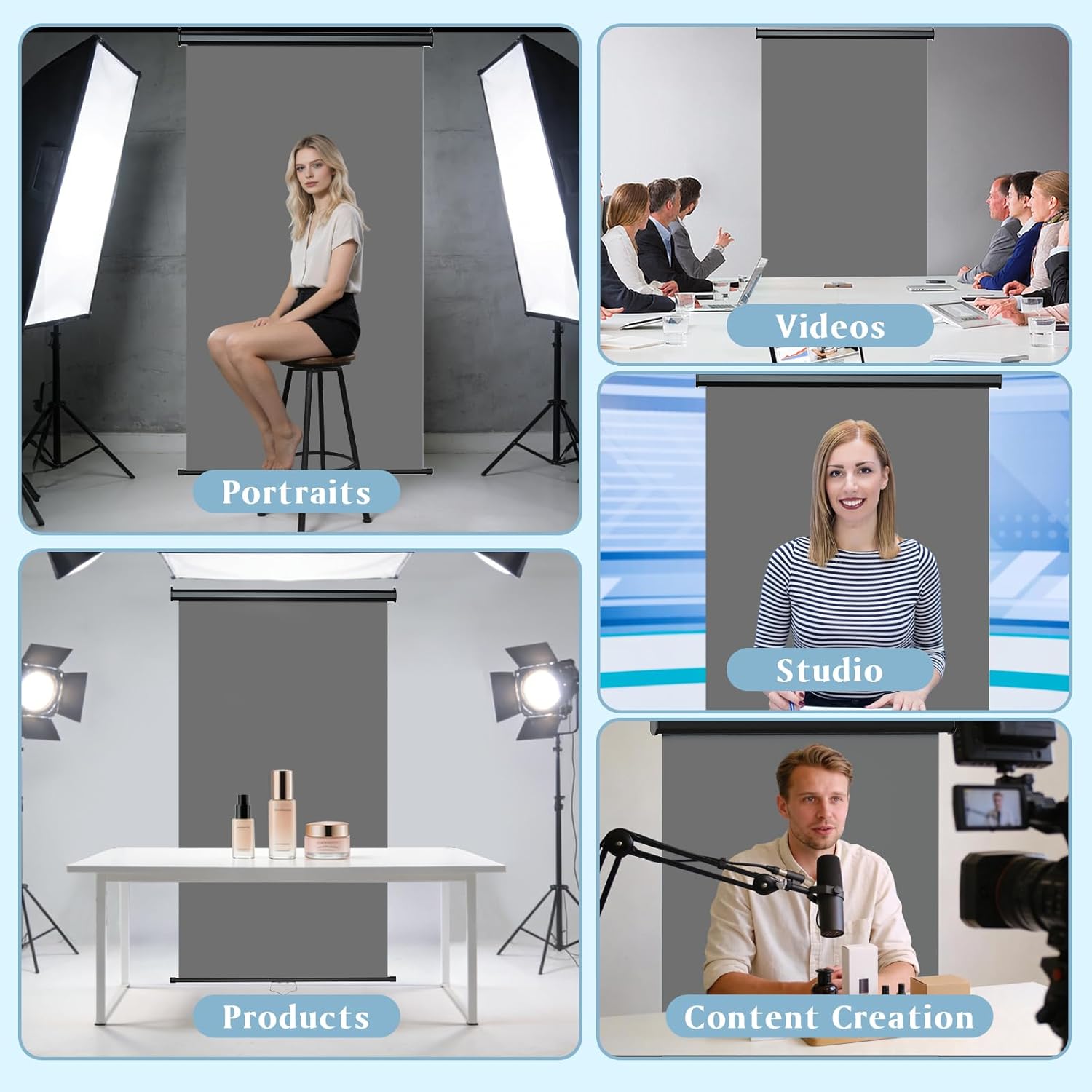 Retractable Gray Photography Backdrop 36" x 59", Portable Roll-Up, Pull-Down Background, Auto-Lock Backdrop Screen for Passport Photo, Product Photography, Headshots, Video Studio