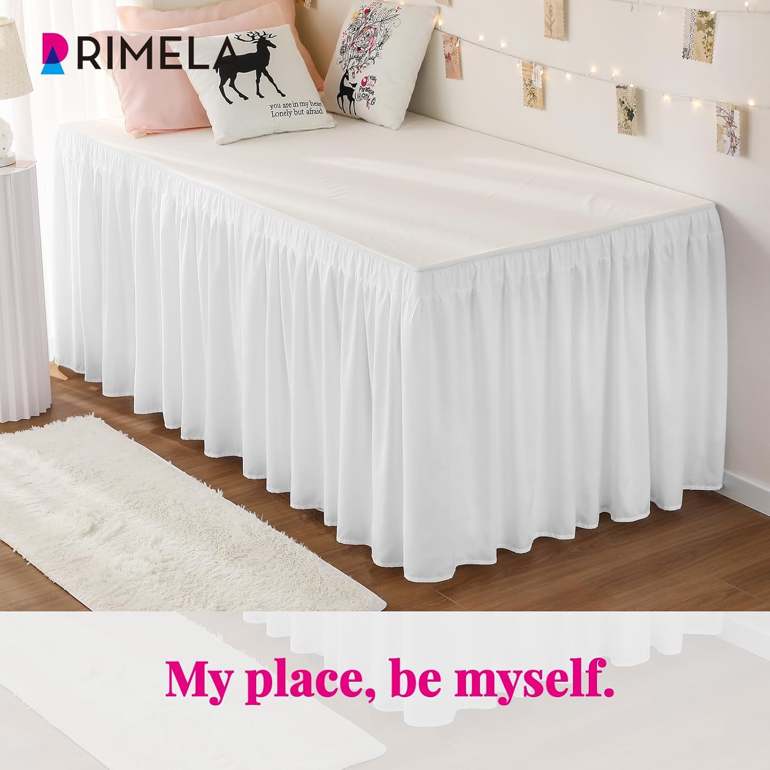 RIMELA Dorm Bed Skirt Twin XL 36 Inch Drop, Easy to Install Extra Long Wrap Around Elastic Dust Ruffle, White Bedskirt Solid Silky Fabric Machine Washable (Twin XL 80“L x 39”W & Twin 75“L x 39”W)