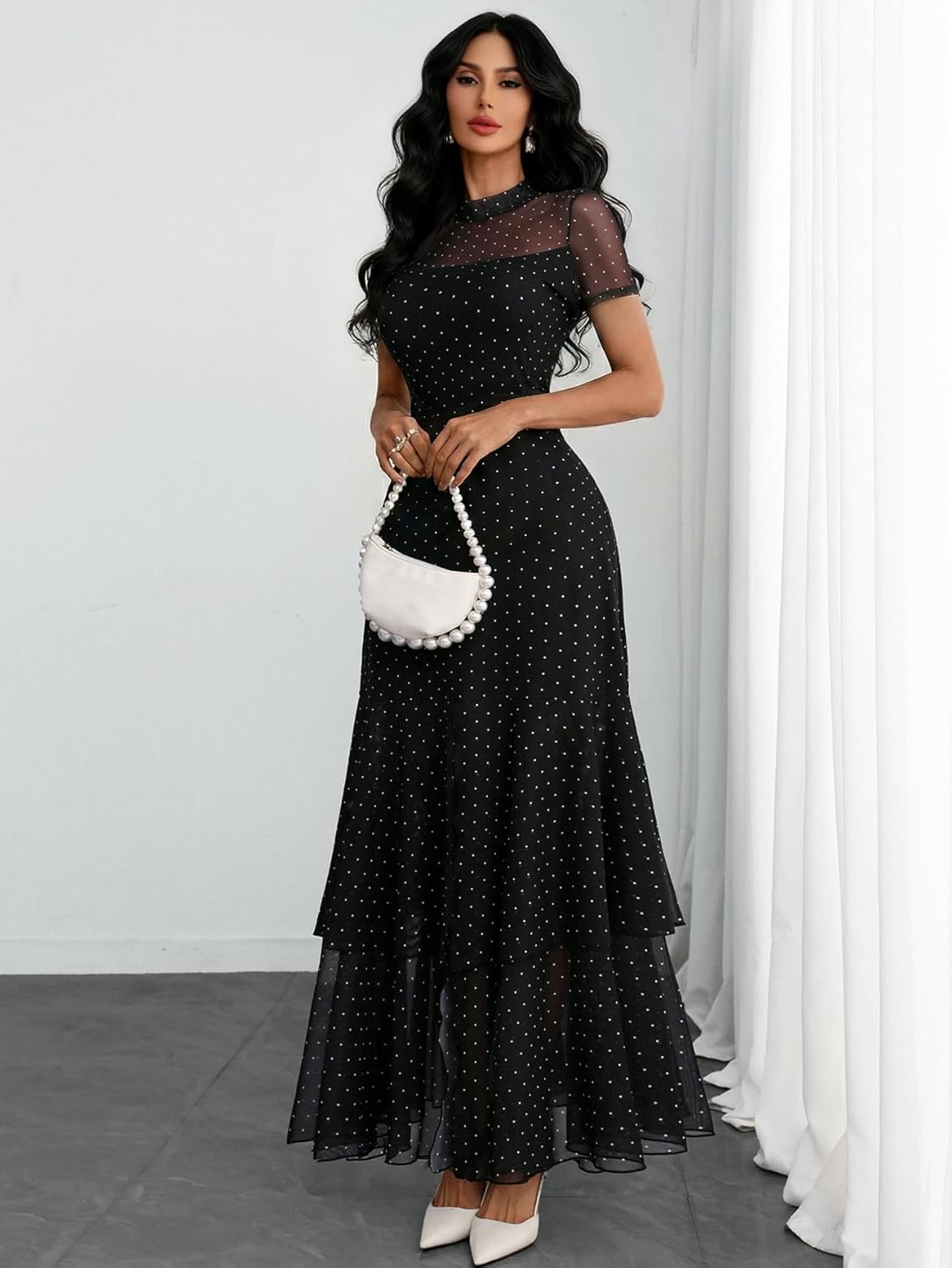 GothDark Women's Summer Mesh Tiered Ruffle Dress Polka Dot A-Line Front Split Flowy Elegant Party Wedding Guest Dresses