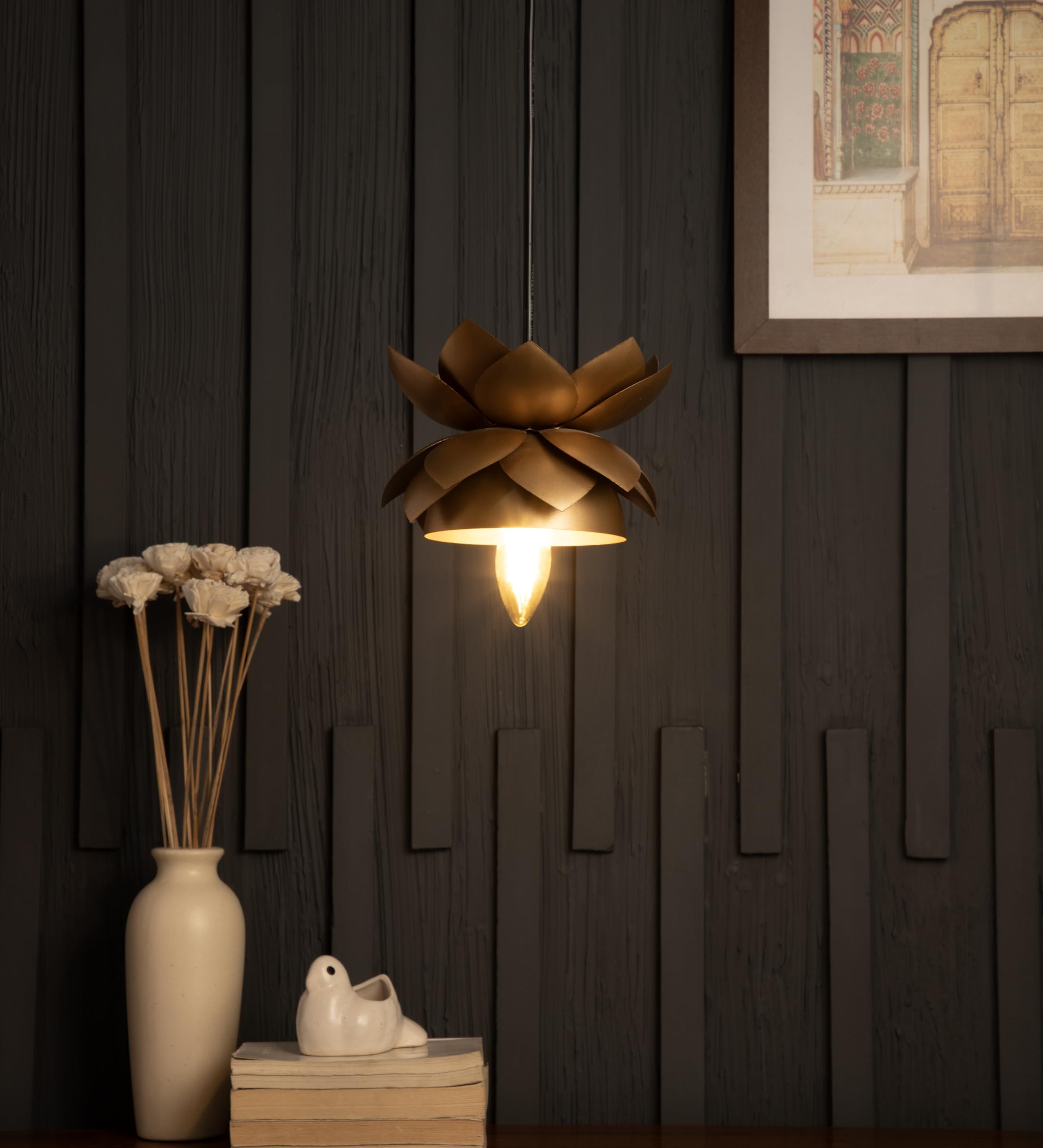 SHOPPEEFRY Lotus Pendant Light | Premium Metal Hanging Lamp with E27 Holder | LED Compatible Ceiling Light for Dining, Kitchen & Entryway (Gold)-image-22