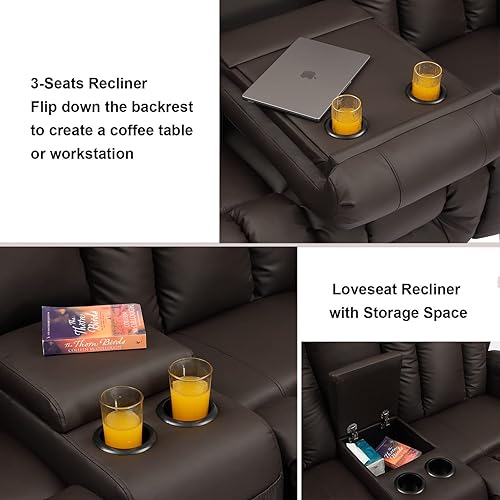 Miniatura 4 de VUYUYU Juego de sofá reclinable de 3 piezas para sala de estar, sofás reclinables tapizados, sofás reclinables manuales de cuero unido (marrón,