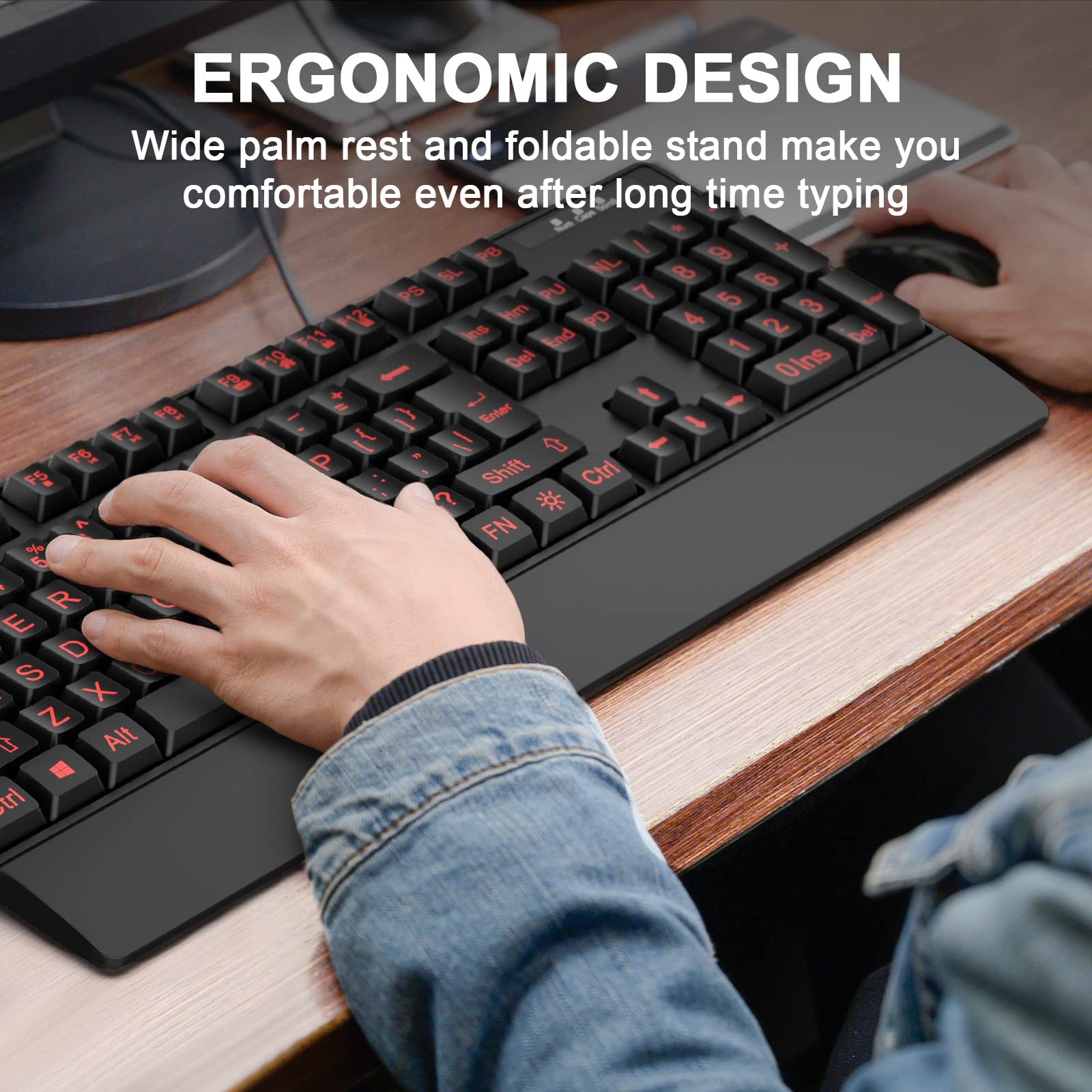 Large Print Keyboard Backlit, Wired USB High Contrast Keyboard, Full Size Large Font Print Keyboard with White Illuminated LED Compatible for Kids Elderly or Visually Impaired