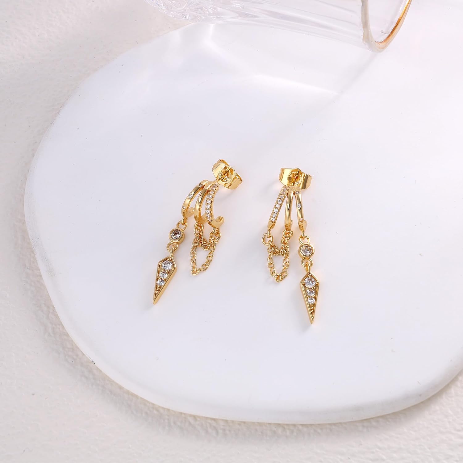 Dangle Earrings for Women,14k Gold Plated Triple Illusion Huggie Hoop Earrings Cute Statement Chain Earring Dainty Drop Earrings Statement Women Jewelry - Image 6