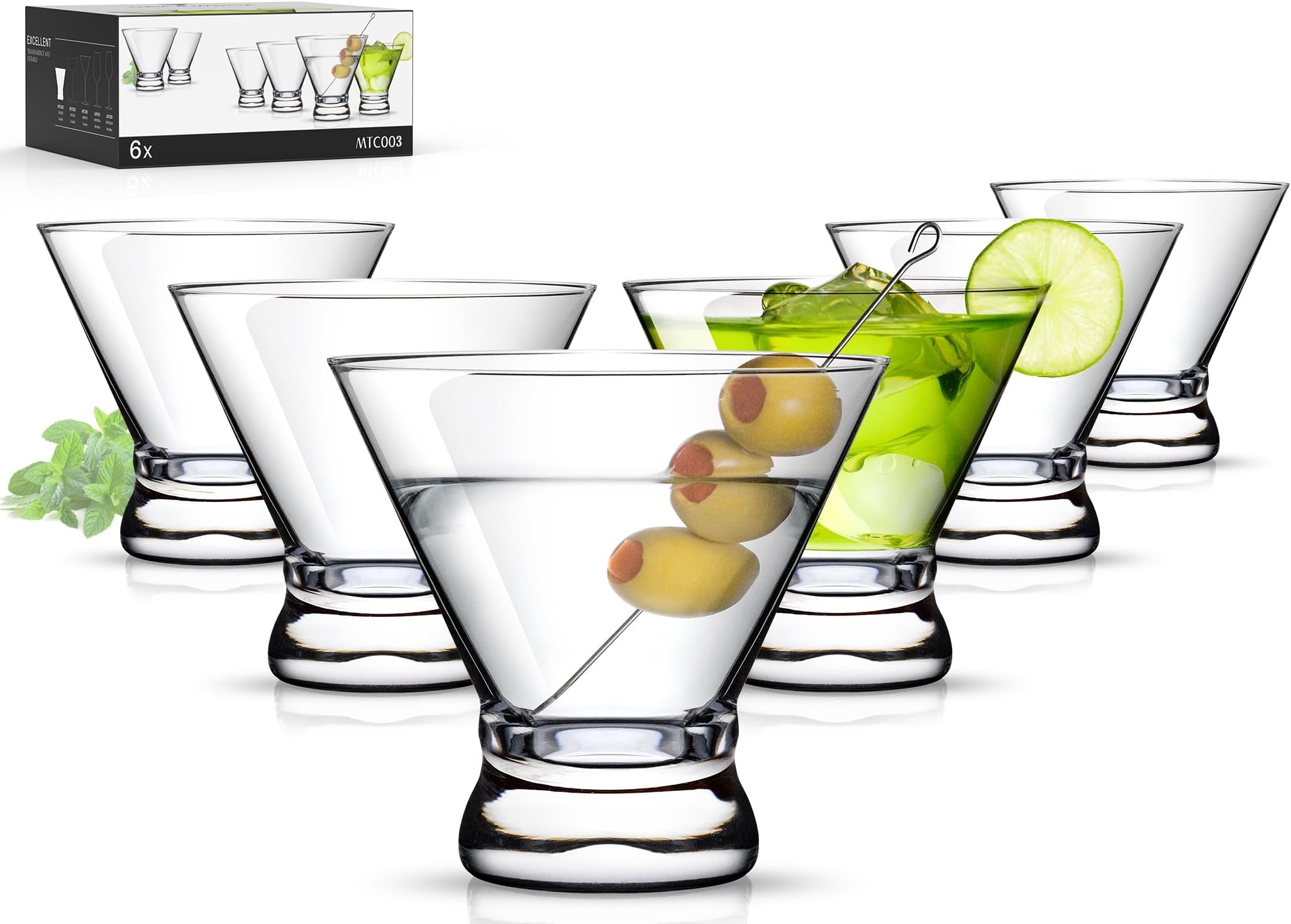 Martini Glasses Set of 6, Stemless Martini Cocktail Glasses for Margarita, Manhattan, Cosmopolitan, Home Bar, Evening Parties, Birthdays, Housewarming Gift, Crystal Clear 8 OZ