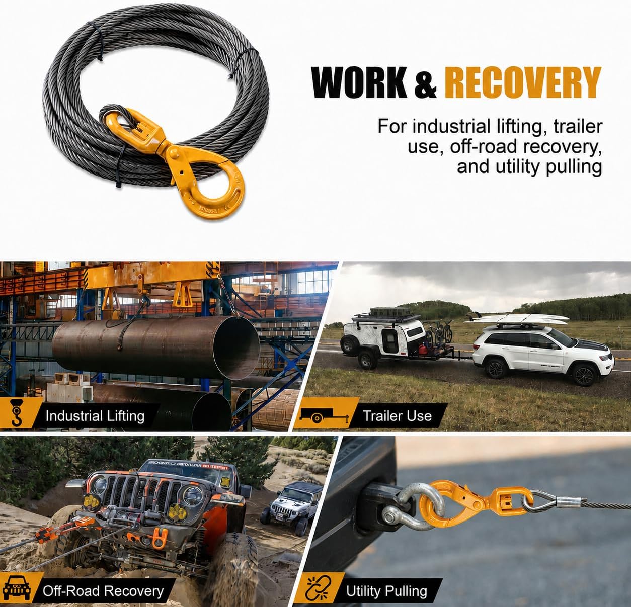3/8" x 150' Winch Cable w/Safty Hook, 6 x 25 Strand Construction