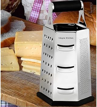 Utopia Kitchen Cheese Grater - Vegetable Slicer - Stainless Steel - 6-Sides - 9.5 Inches Height - Rubber Handle - Non...