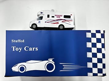 Stuffed White Touring Car Model, Realistic RV Motorhome Toy with Detailed Racing Graphics & Rolling Wheels, Interactive Travel Vehicle Figurine for Desktop Display & Hobbyists