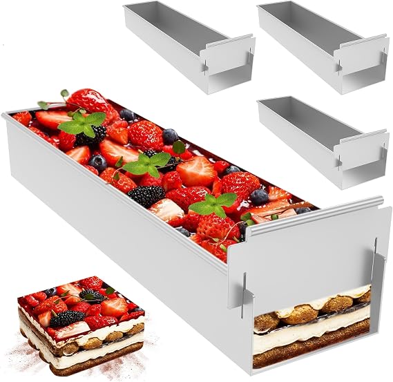 4 Pack Tiramisu Pan, Rectangle Cake Mold, Aluminum Alloy Tiramisu Mold with A Removable Short Frame, Long Size 16.4*3.9*2.3 inch ,Tiramisu Cake Pans for Cheesecake ,Lasagna, Frozen Desserts(4)