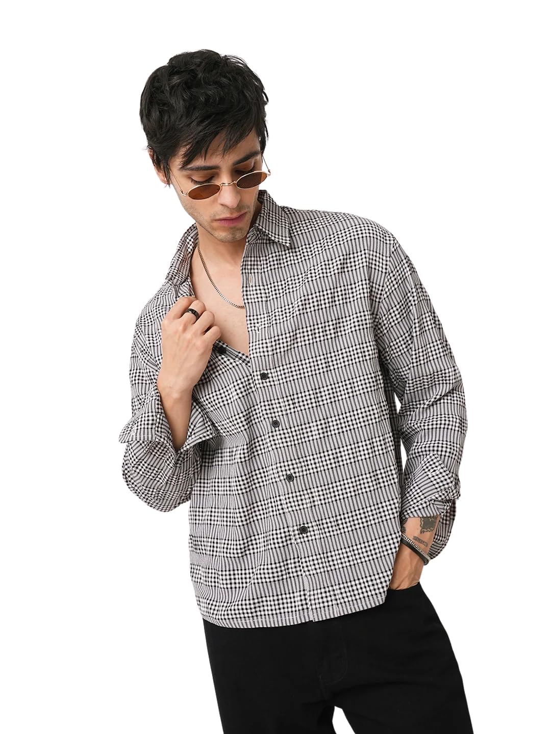 vastrado Black Seersucker Checks Boxy Fit Crop Shirt-picture-56