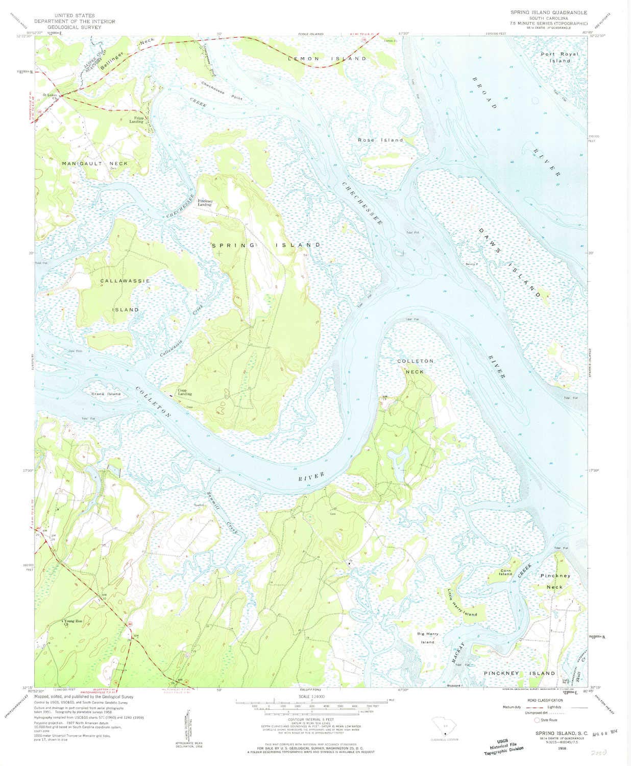 YellowMaps Spring Island SC topo map, 1:24000 Scale, 7.5 X 7.5 Minute, Historical, 1958, Updated 1961, 26.7 x 22 in - Tyvek