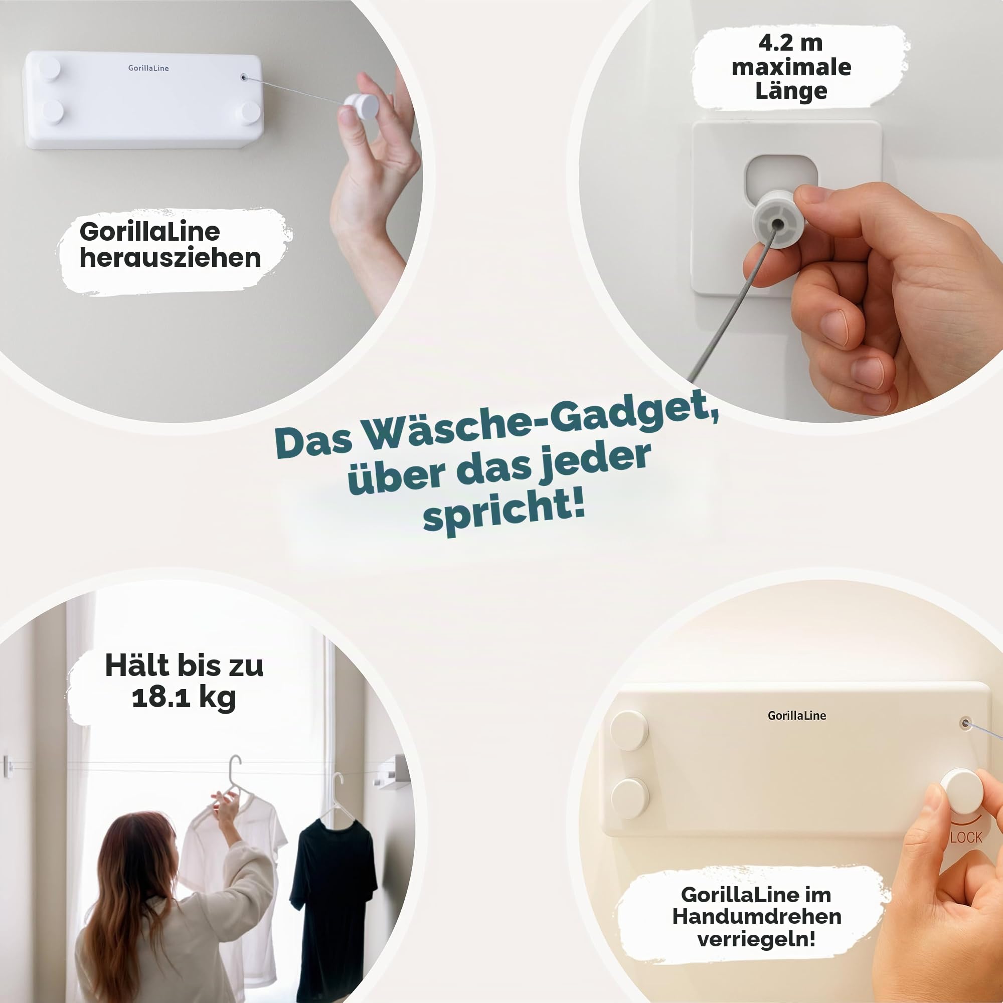 GorillaLine - Premium Heavy Duty Wäscheleine Für Wandmontage, Ausziehbarer Edelstahl Wäscheständer Zum Aufhängen