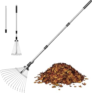 MEKEET Adjustable Metal Leaf Rake for Lawn Garden - Expandable 7-15" Head, 37-53" Telescoping Handle, Rust-Proof Stainless Steel