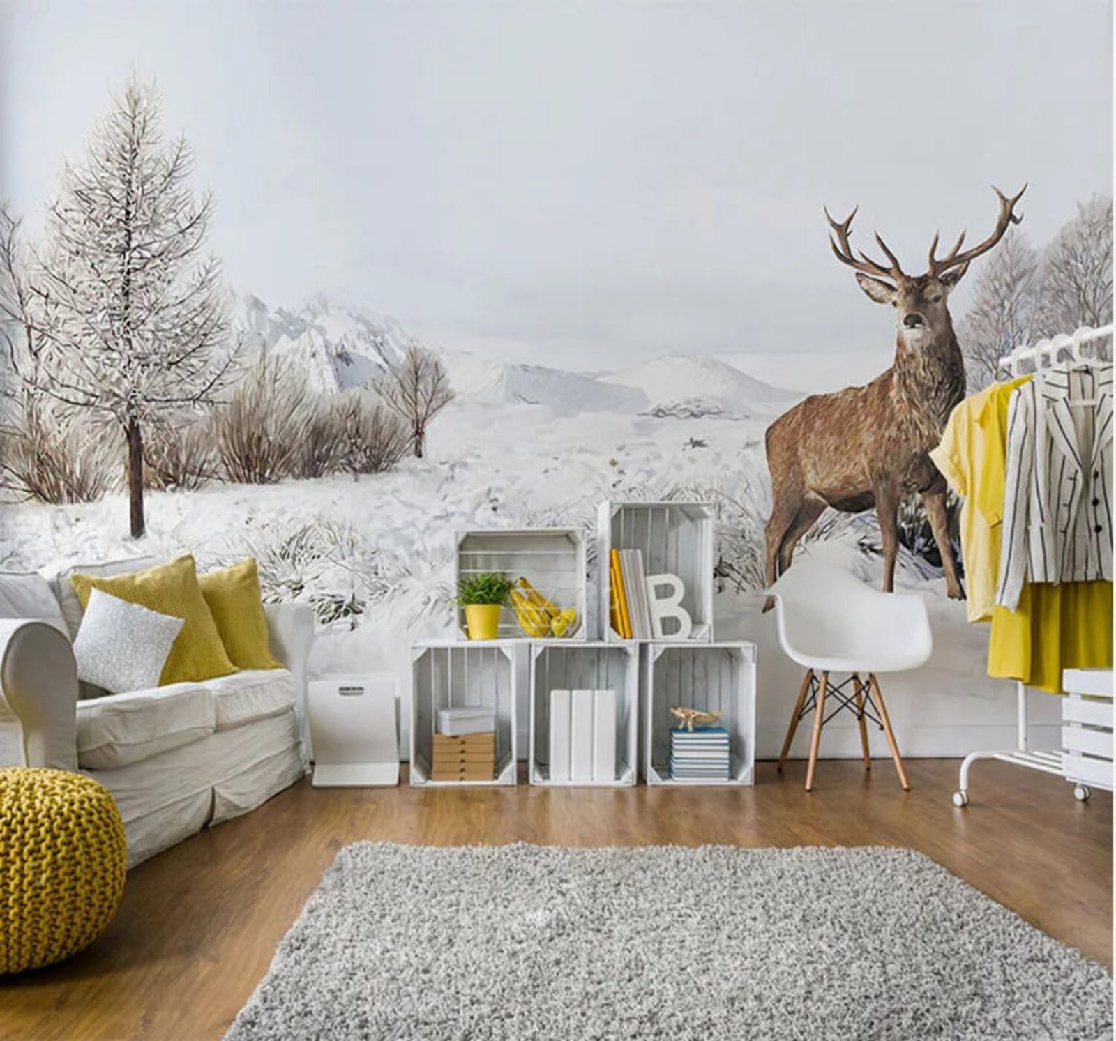 Tzxztt Hand Drawn Animals Sika Deer Aesthetic Snowy Landscape Modern 3D Wallpaper Premium Textured Silk Neutral Tones Material Ideal for Living Room Bedroom-250cm×170cm