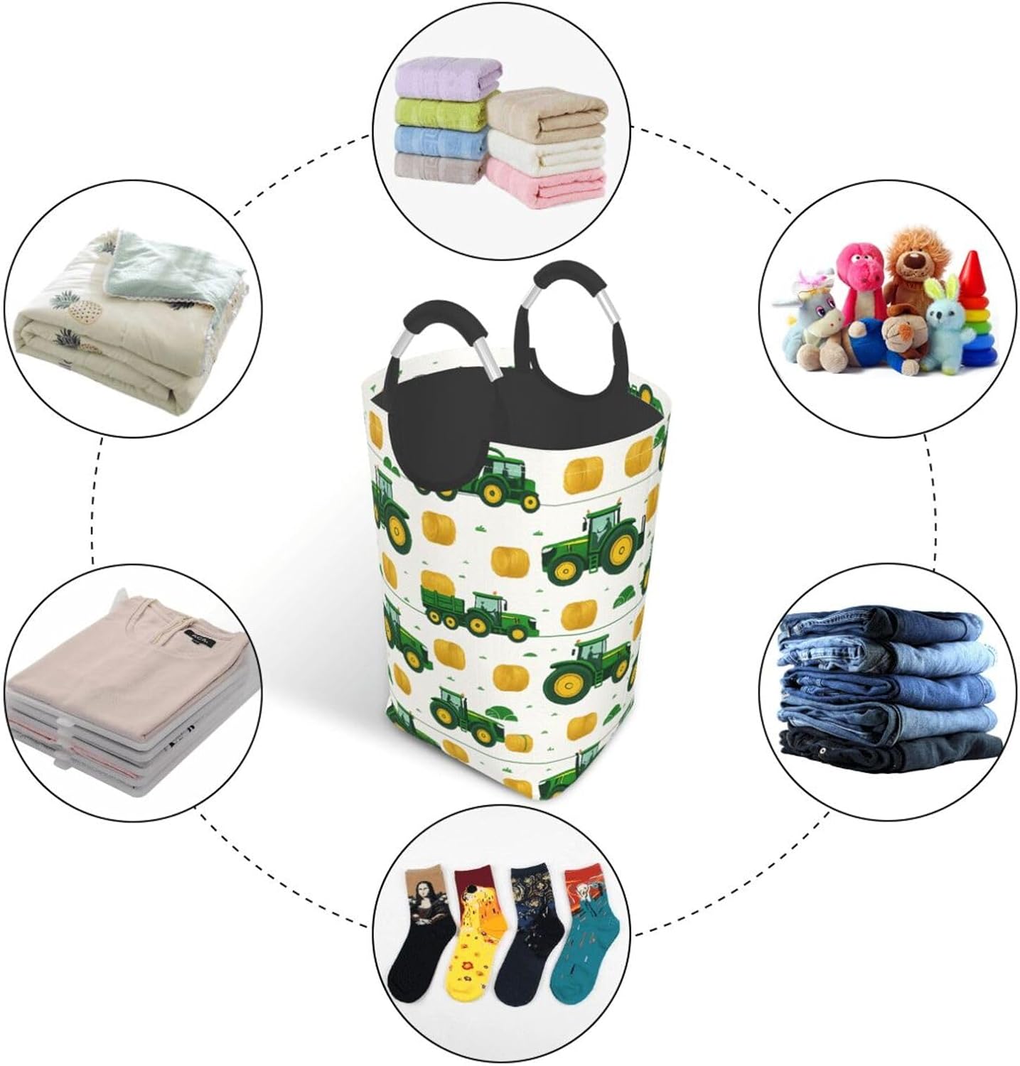 Green Tractor & Straw Dirty Clothes Basket Waterproof Laundry Hamper with Padded Handles
