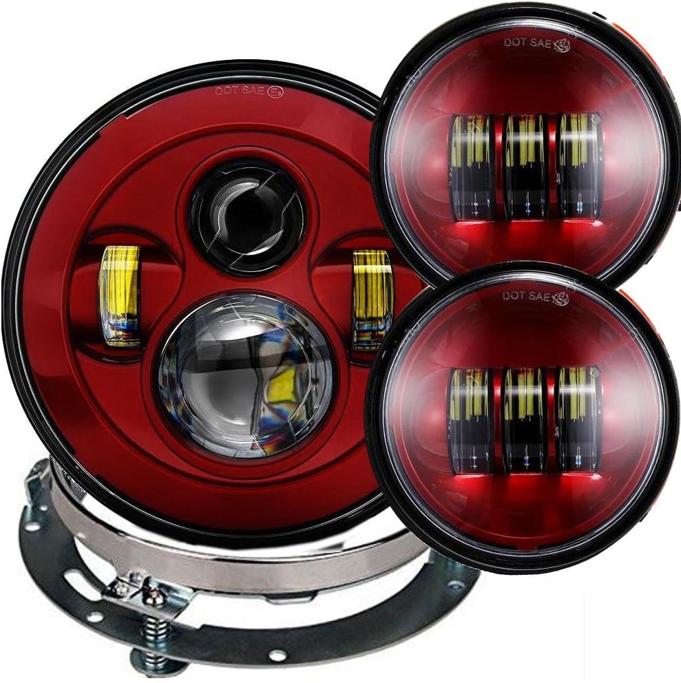 Eagle Lights 8700CMPKR-R Red 7 Inch Round LED Headlight with Matching Passing Spot Lamps Compatible With Harley Davidson Motorcycles Adapter Ring for 2013 and Older Touring Models
