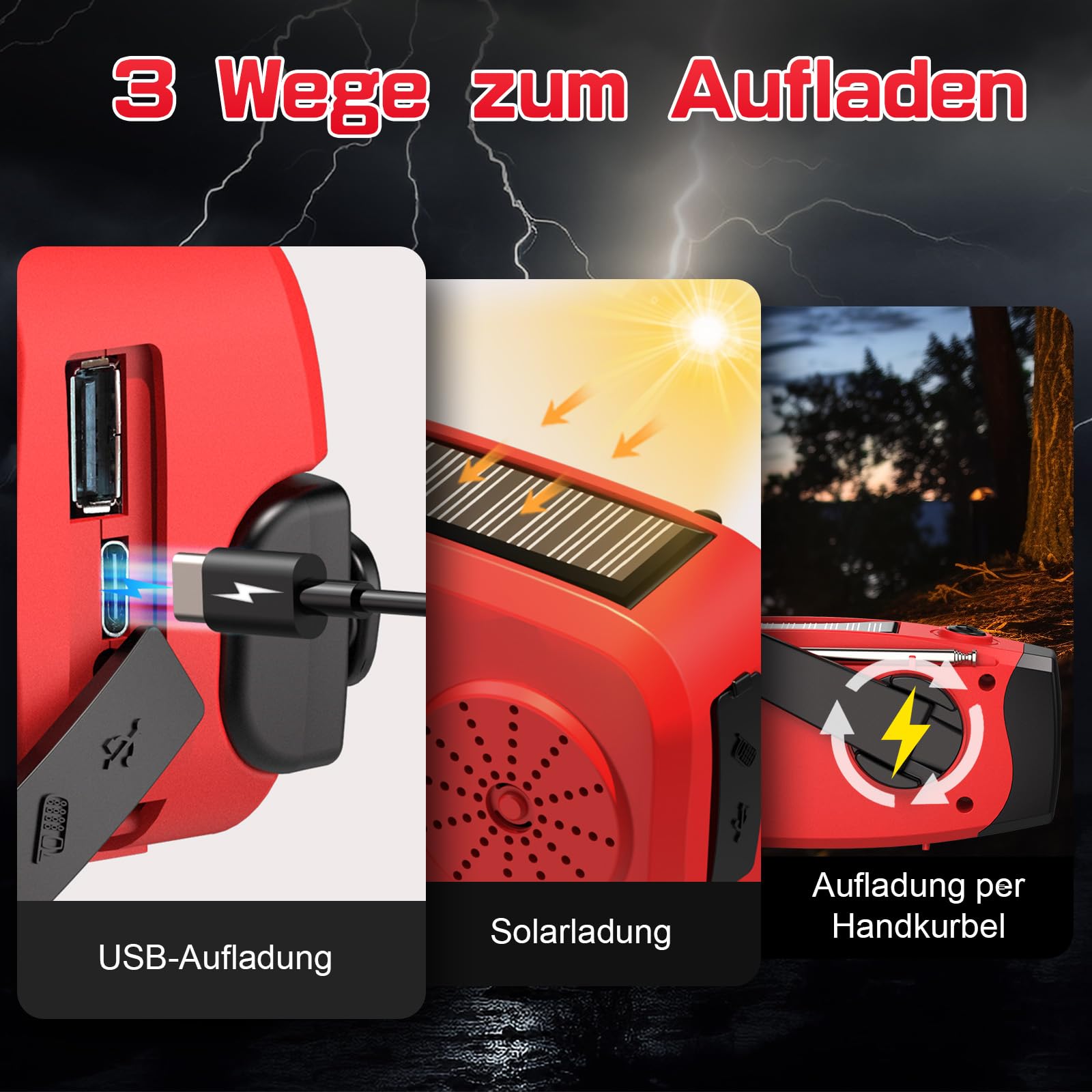 Kurbelradio mit Solar, Notfallradio, Tragbares Radio mit Handkurbel, AM/FM Radio mit LED-Taschenlampe, 2000mAh Powerbank, SOS-Alarm, USB-Handy-Ladegerät, Für Notfälle, Camping & Wanderungen (Rot)