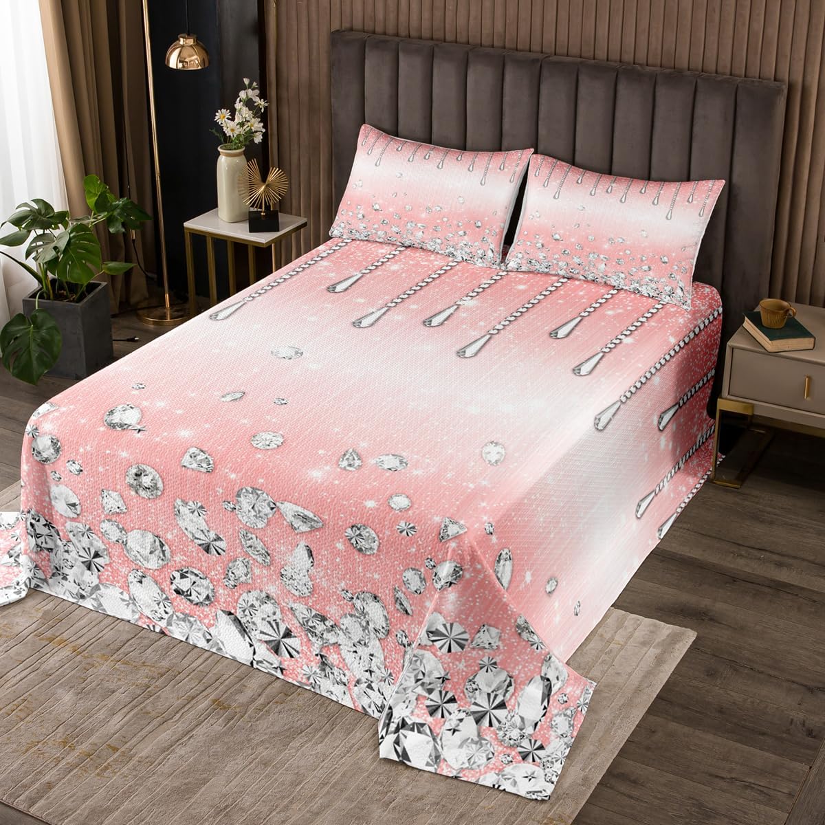 Silver Glitter Sequins Diamond Bedspread Queen Size,Geometric Ombre Coverlet Set,Kids Girls Boys Adults Room Decor,Dreamy Party Romantic Quilted Coverlet,Black Unique Bedding Quilt,2 Pillowcases