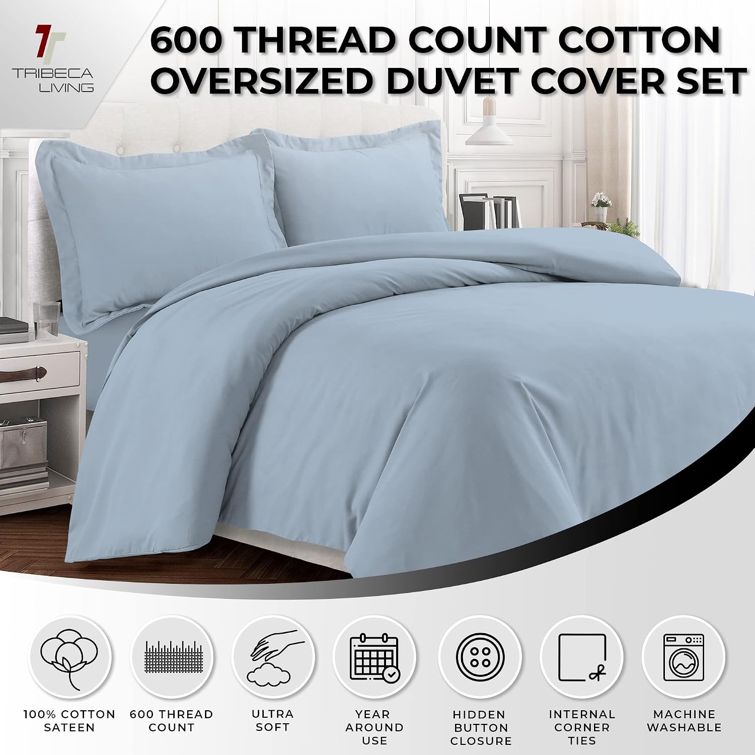 EC 600 TC Oversized Duvet Cover Set King Sky Blue