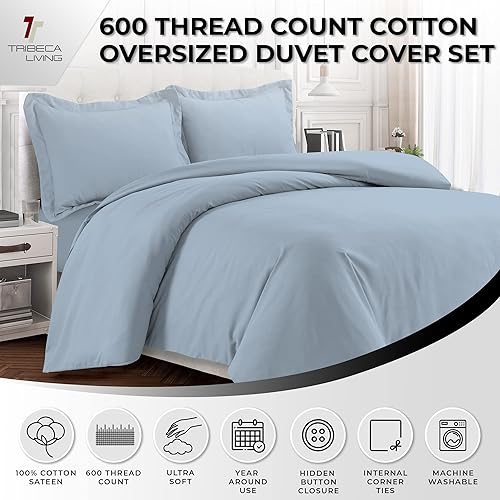 Miniatura 8 de Tribeca Living Juego de funda de edredón de algodón egipcio tamaño King, juego de cama liso de 3 piezas, incluye funda de edredón King y dos fundas