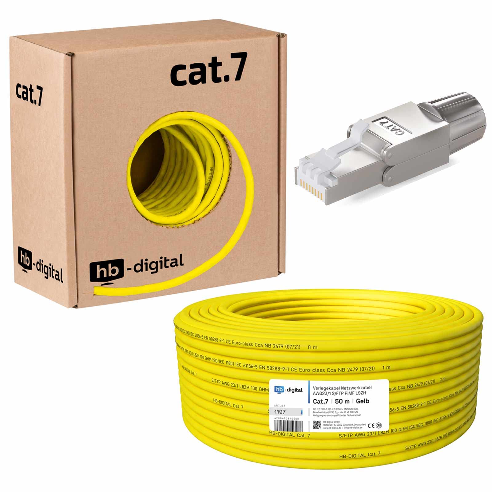 HB-DIGITAL Set: cavo di rete CAT.7 da 50 m AWG23 puro rame S/FTP PiMF LSZH senza alogeni RoHS-Compliant GHMT Ethernet PoE 10 Gbit/s 1000 MHz giallo + 4 connettori di rete Cat.7