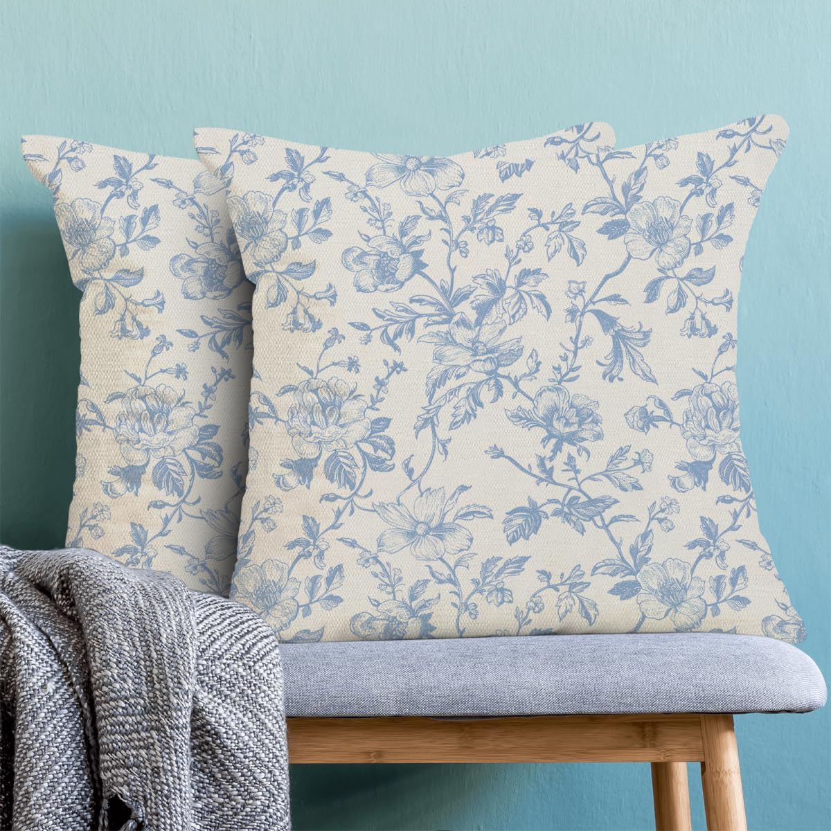 Baby Blue Pillow Covers 20x20 Inch Vintage Blue Floral Throw Pillow Covers Set of 2 Chinoiserie Farmhouse Flowers Pillow Cases Outdoor Decor for Living Room Bedroom Linen Square Cushion image 2