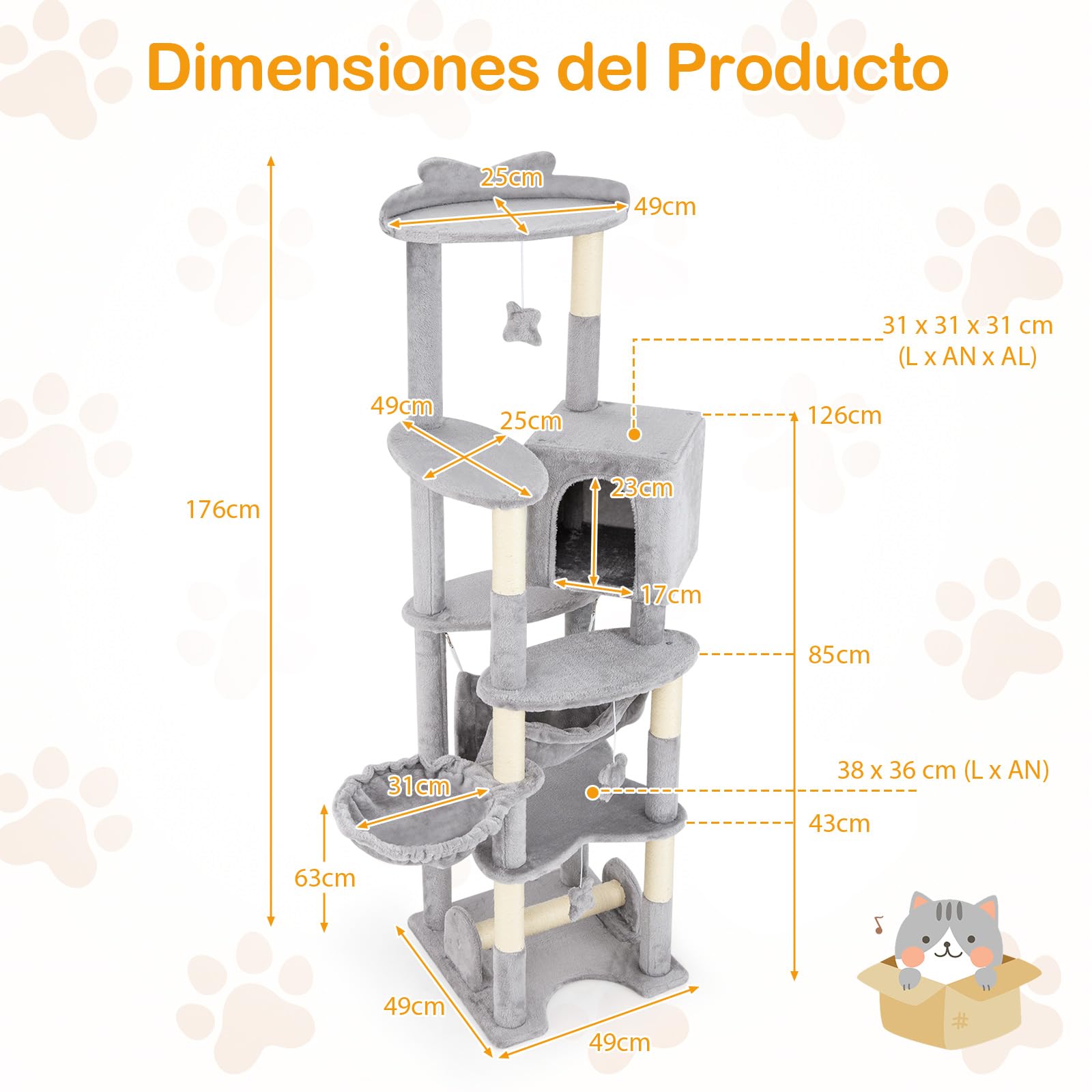 COSTWAY 176cm Árbol para Gatos, Rascador para Gatos con Perchero Superior, Cesta Cama, Hamaca, Poste para Rascar, Plataformas y Juguetes Colgantes, Centro de Actividades para Gatos