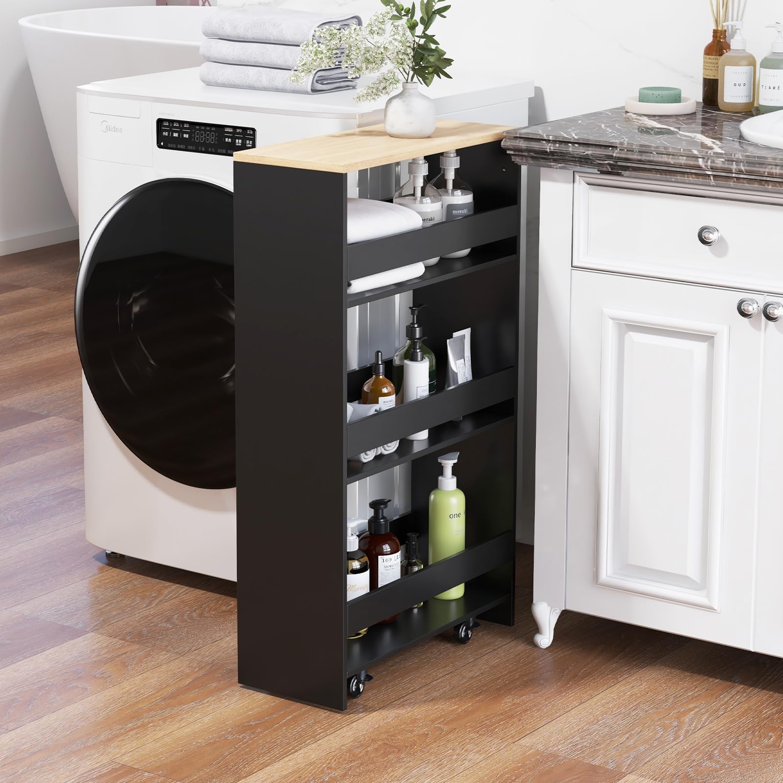 FANTASK Nischenregal 20 cm Breit, Nischenwagen auf Rollen 4 Etagen, Nischenschrank schmal mit Griff & Geländern, Rollregal Holz für Küche, Badezimmer, 47,5 x 20 x 80,5 cm (Schwarz)