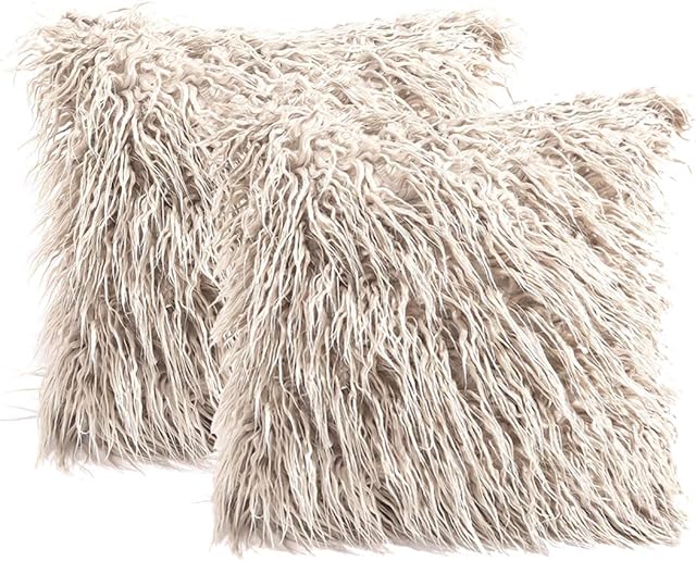 3C Collection 2 Pack Fluffy Cushion Covers Sand 45cm x 45cm, Soft Cuddly Faux Mongolian Fur Cushion Cover for Bed, Couch Decorative Furry Throw Pillow Covers