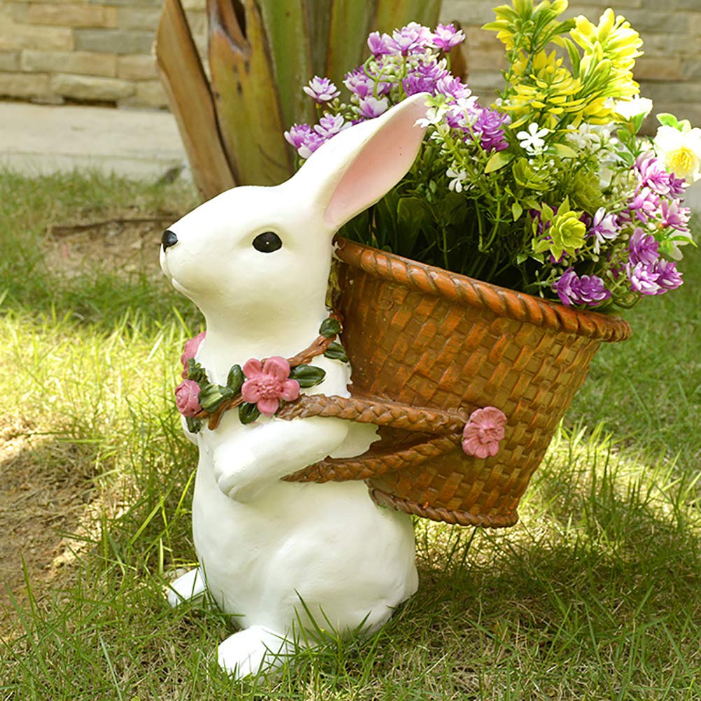 Ornamenti da Giardino Vaso da Fiori Decorativo per Coniglio per Decorazioni da Giardino per Esterni Materiale Resina 30 * 29 Cm (Bianco)