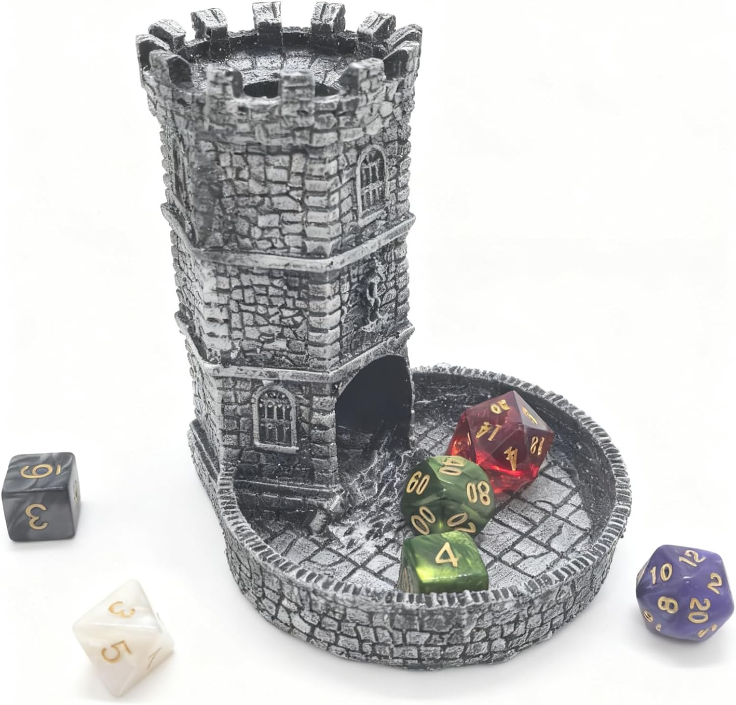 Tower Castle Retro DND Dice Rolling Tower Dice Tower Dungeons and Dragons Dice Jail D&D Accessories (Random 7PCS D20 Dice Set Included) Silver