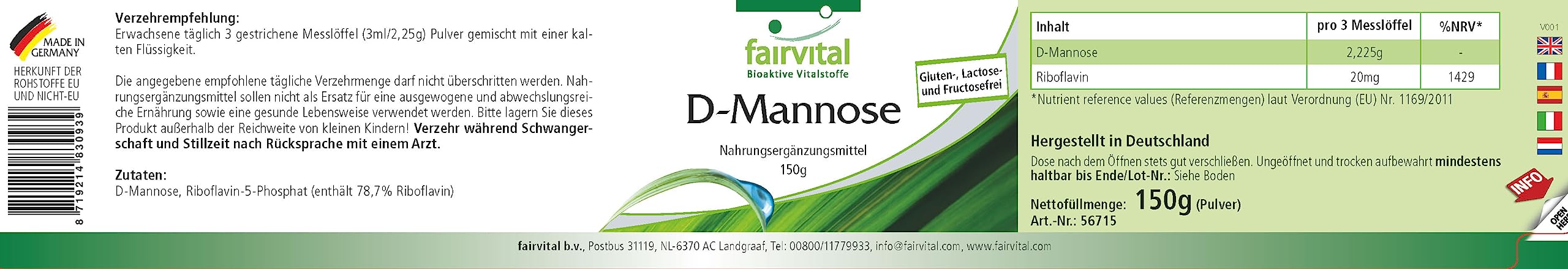 fairvital D-mannose 150 g de poudre, avec de la vitamine B2 (riboflavine), 100% pur et 100% végétalien, hautement dosé, qualité contrôlée, fabriqué en Allemagne