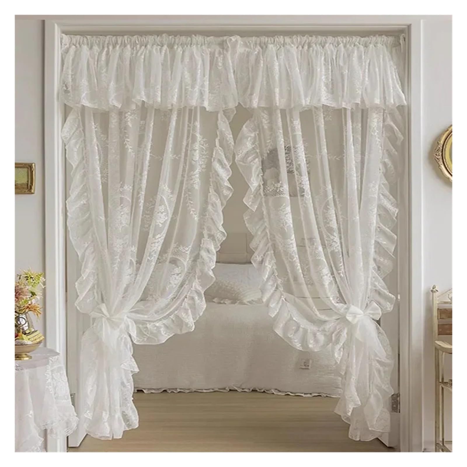 DFGRGRV Ruffle Curtains French Elegant White Embroidery Ruffle Tulle Curtains With Valance For Girls Bedroom Living Room Sheer Drapes Rideaux Voilage(Rod Pocket Process,W100 x H150CM 1Piece)
