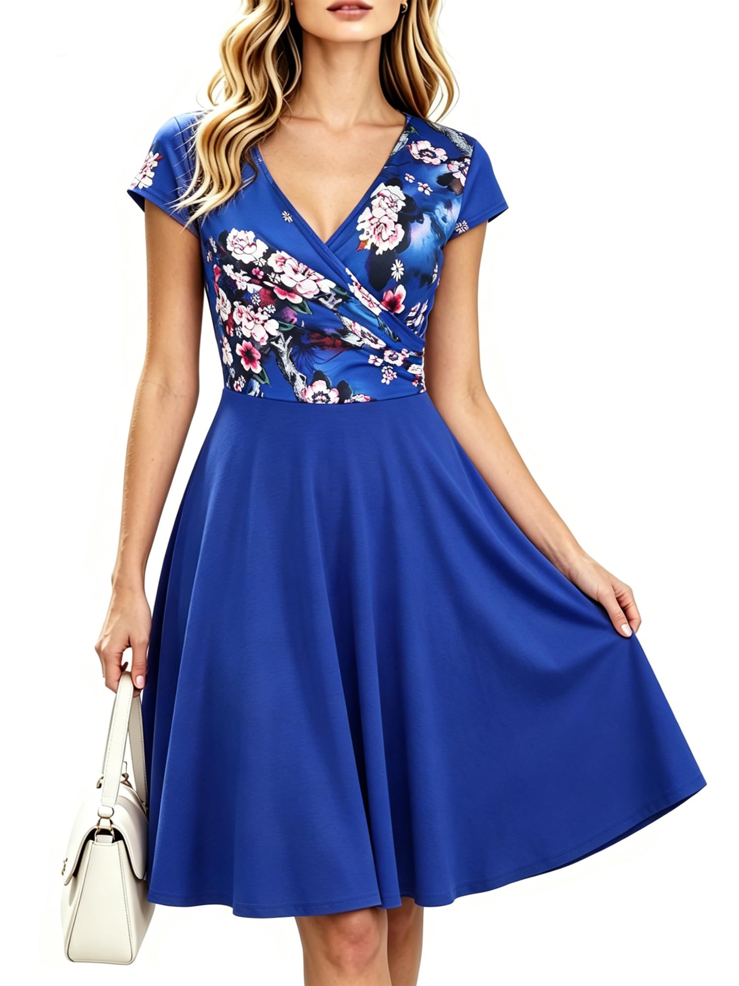 oxiuly Women's Vintage Dot V-Neck Cap Sleeve Casual Pockets Swing Tea Dress OX296