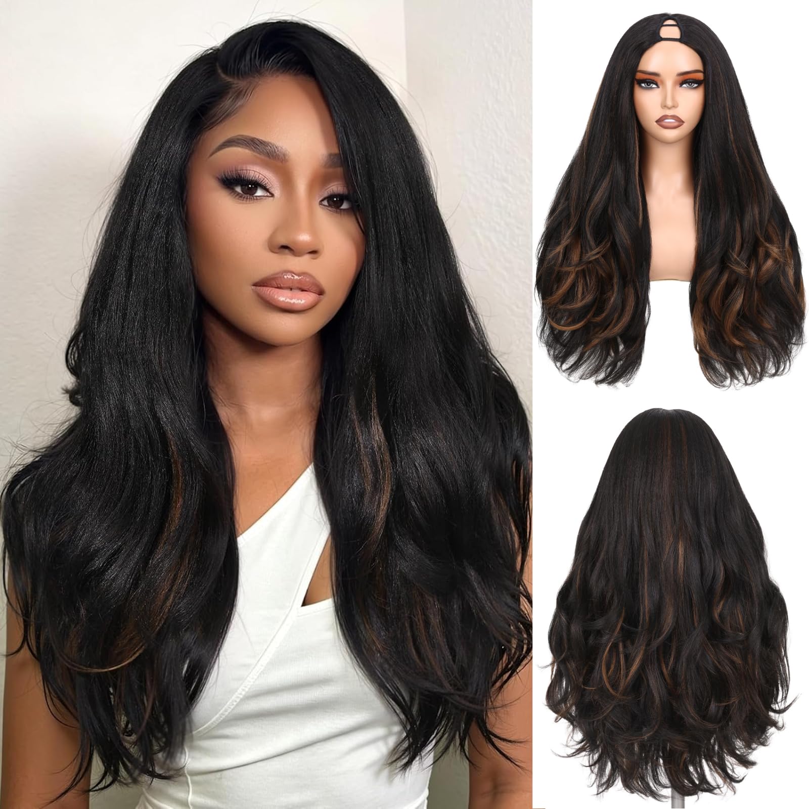 FAVE Yaki Lockige V Part Perücken Synthetik Strähnen HalbPerücken | 65cm klebefreie Perücken für Alltag, hitzebeständiges Haar, leicht anzubringen, perfekt für Einsteiger