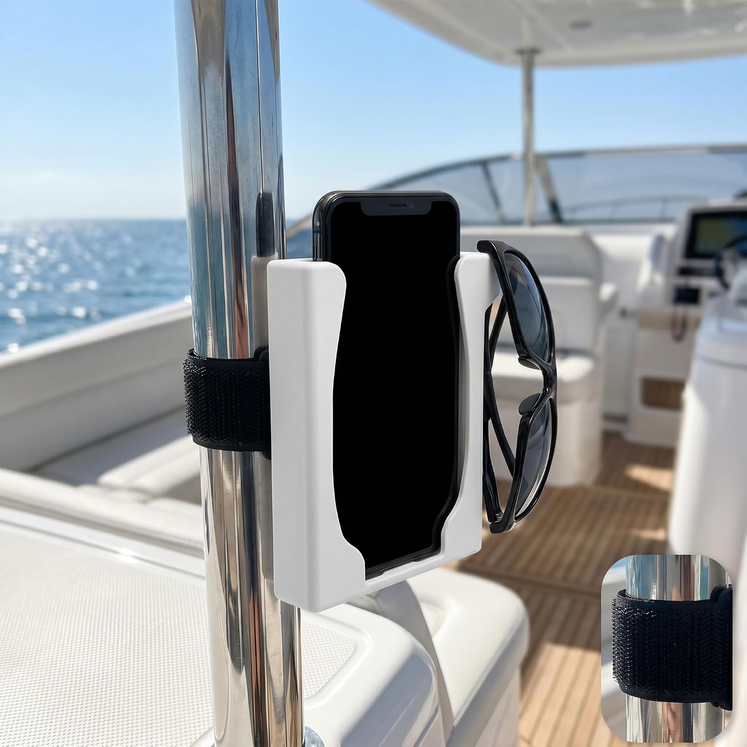 Boat Phone Holder Marine Cell Mount for Pontoon, Strap On Minimalist Design Smartphone Boat Accessories Compatible iPhone Android (White)