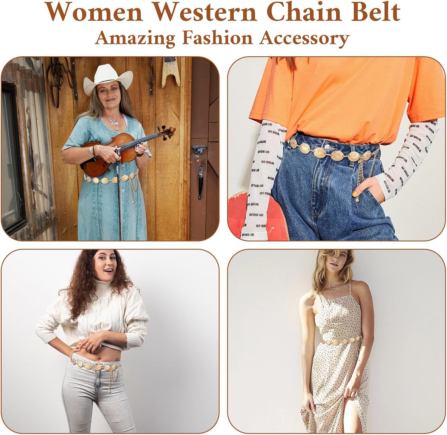 Gold Western Belt,Gold Chain Belt Adjustable Hollow Out Daisy Cowgirl Belts for Western Country Concert Outfit Dress - Image 6