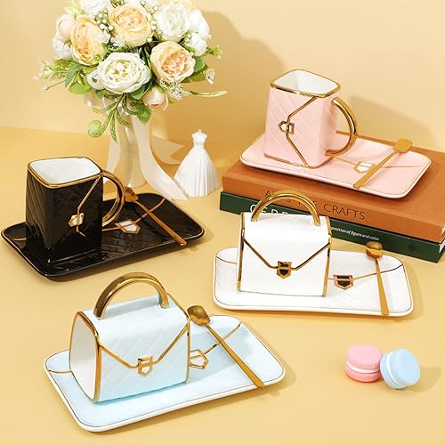 Miniatura 4 de Sliner Juego de 4 tazas de café con forma de bolso de té de cerámica con cuchara platillo de 10 onzas10.5 fl oz monedero taza de regalo para