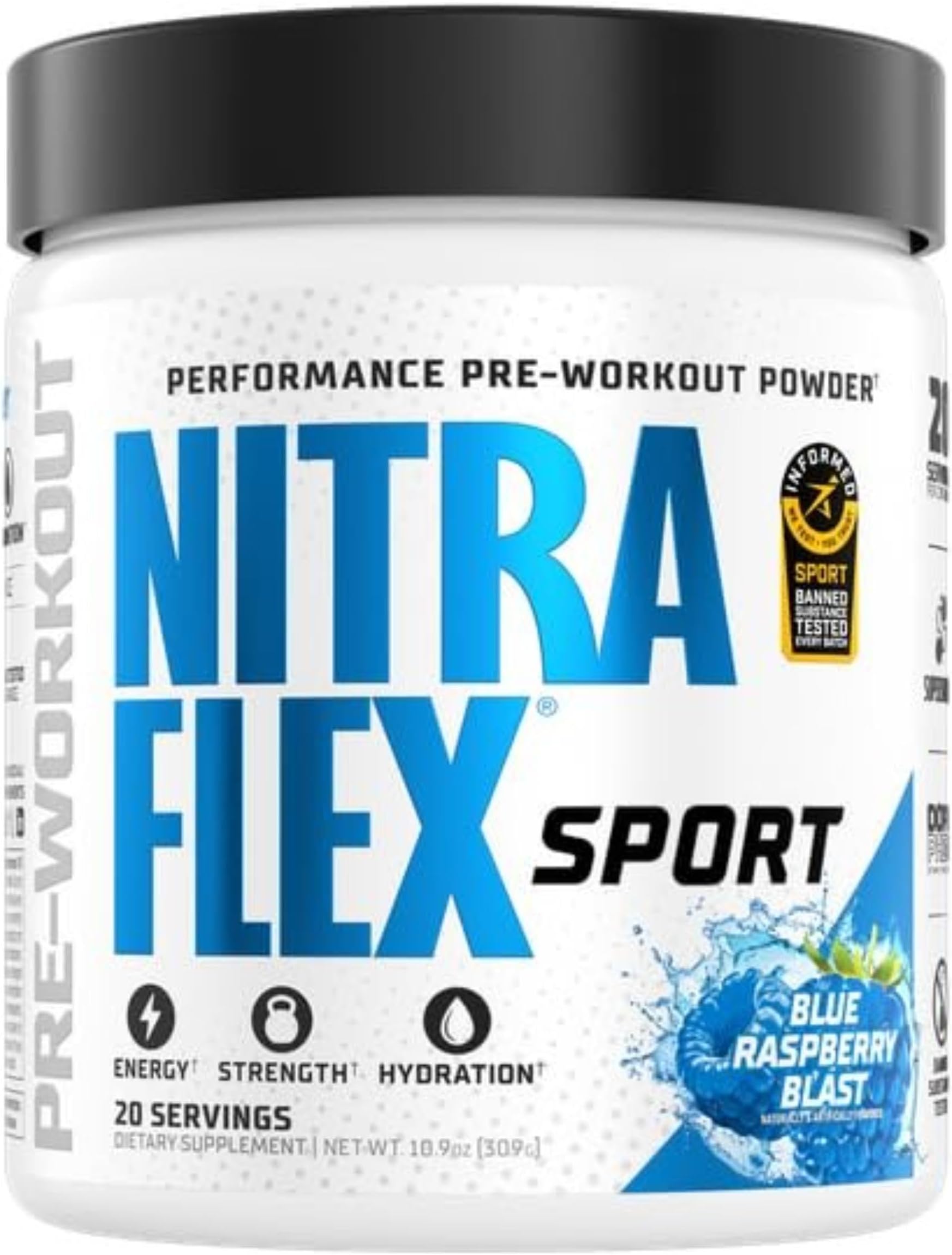 Nitraflex Sport Blue Raspberry Pre-Workout Powder, Banned Substance Free, Informed Choice Certified, Hydration, Citrulline, Beta-Alanine, Betaine, 20 Servings